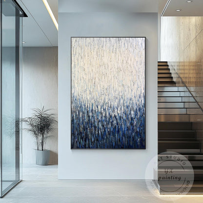 Large Vertical Abstract Canvas, Blue White Textured Painting, Hand Painted Acryl #4