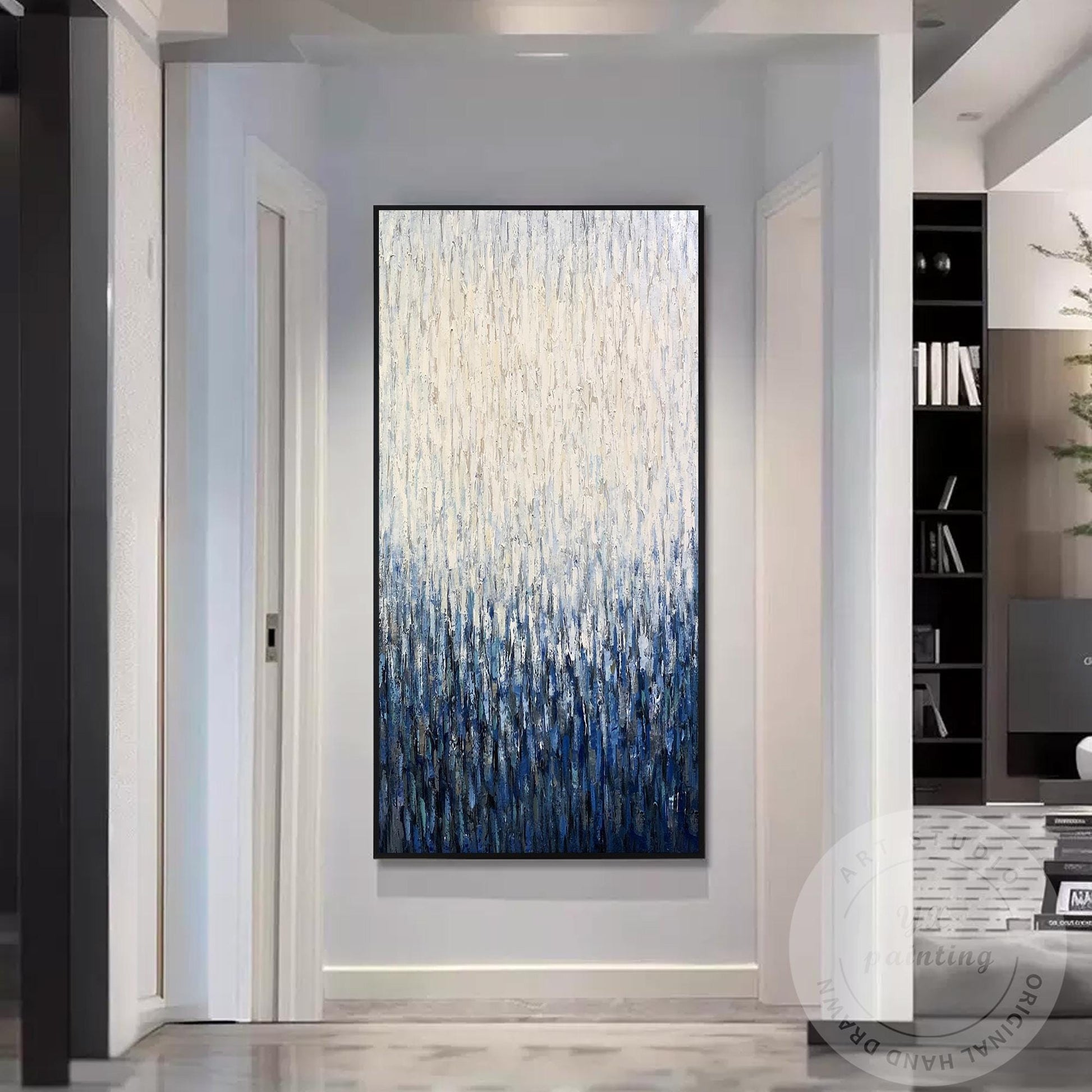 Large Vertical Abstract Canvas, Blue White Textured Painting, Hand Painted Acryl #5