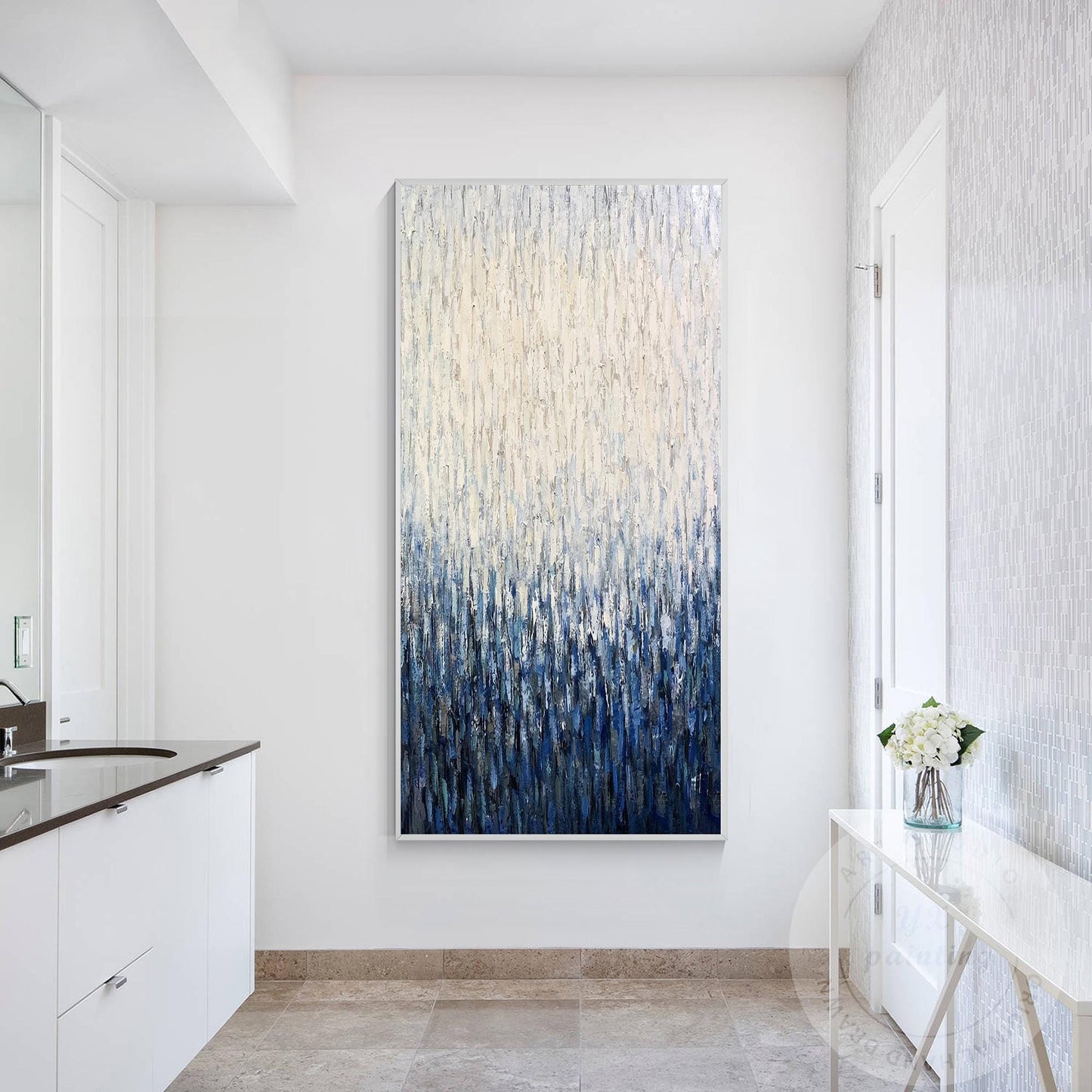 Large Vertical Abstract Canvas, Blue White Textured Painting, Hand Painted Acryl #6