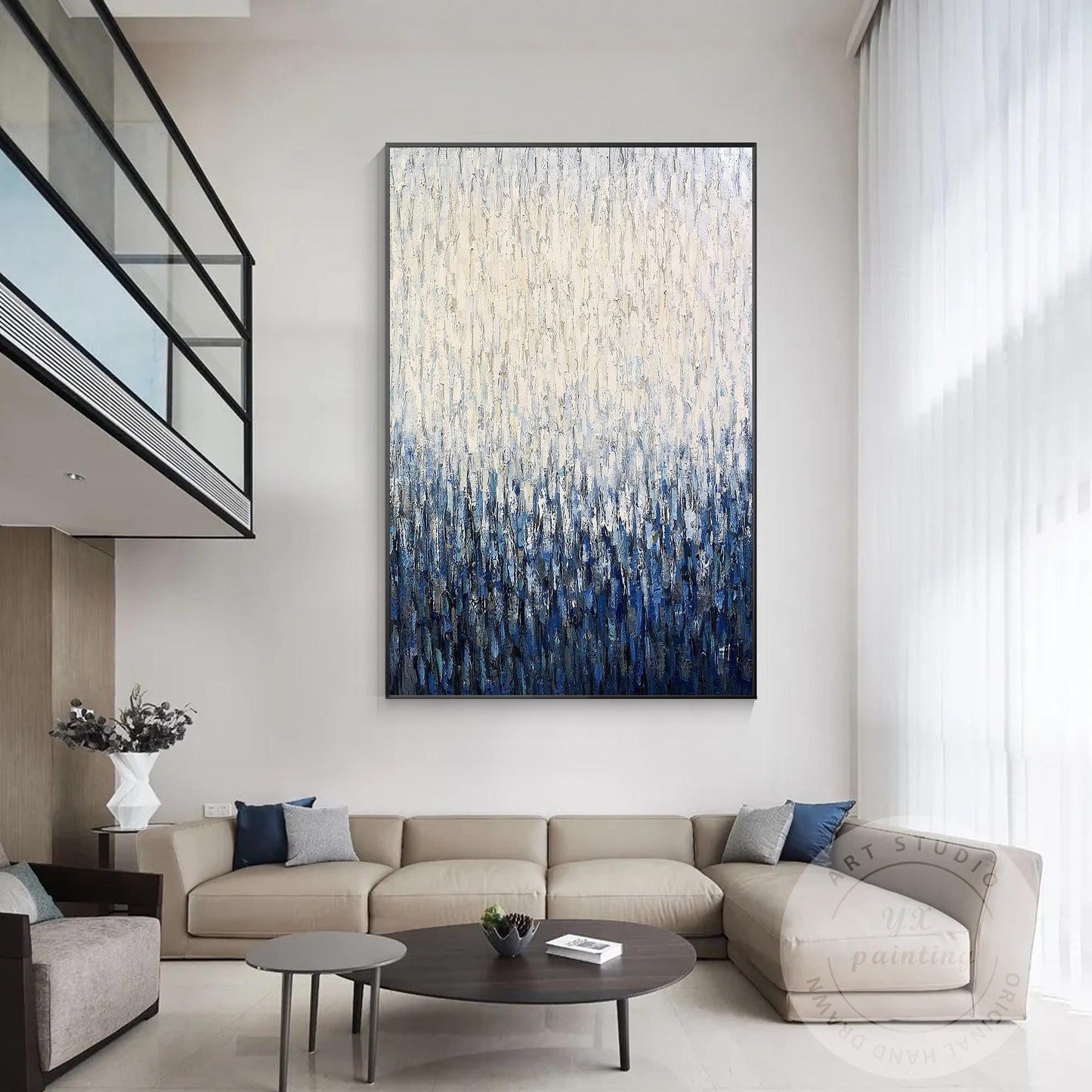Large Vertical Abstract Canvas, Blue White Textured Painting, Hand Painted Acryl #1