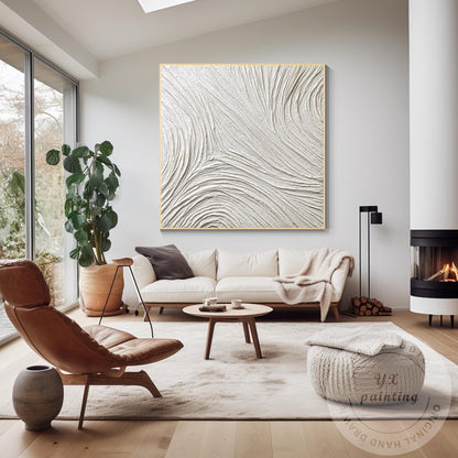 Large White Abstract Plaster Painting, Square 3D Textured Neutral Wall Art, Mode #2