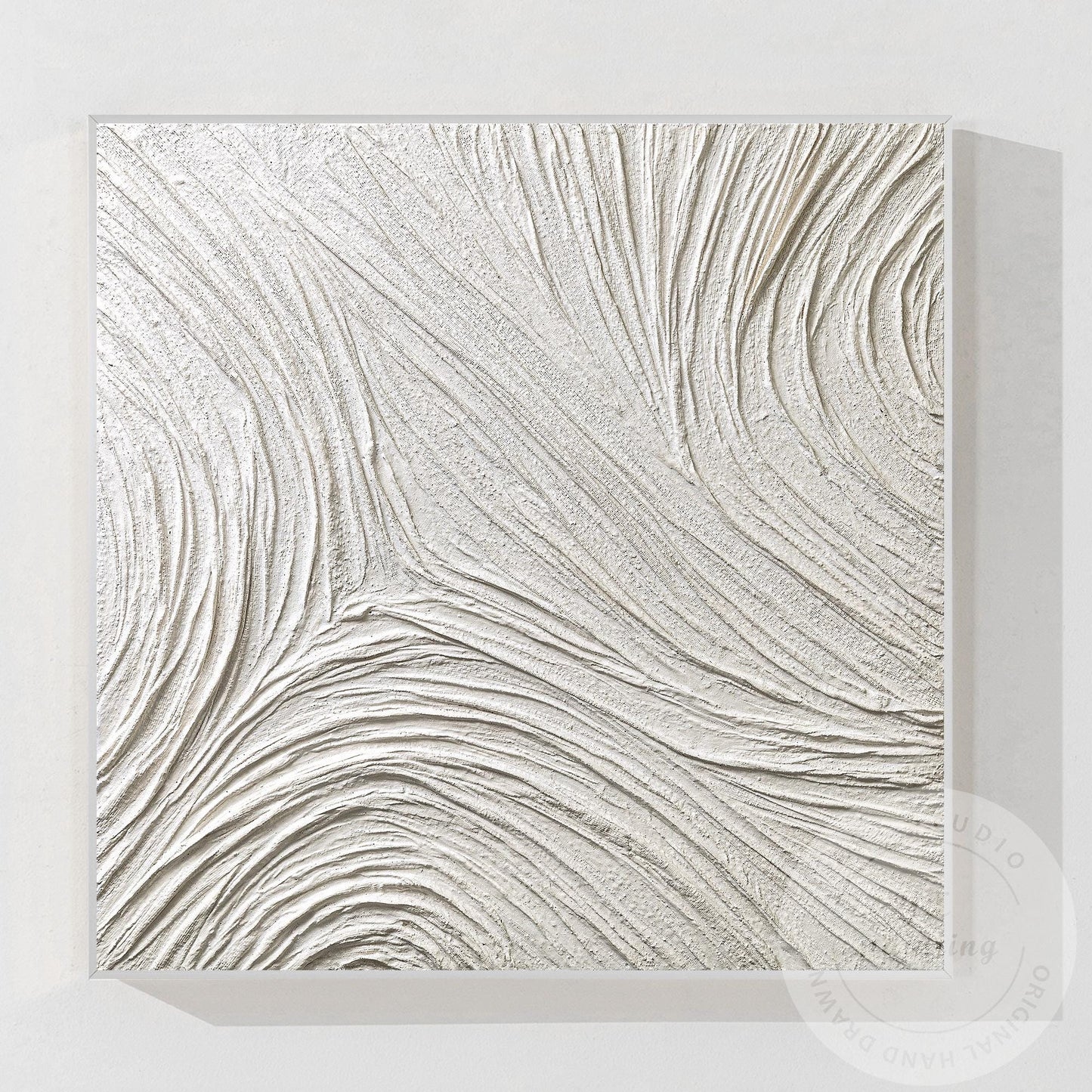 Large White Abstract Plaster Painting, Square 3D Textured Neutral Wall Art, Mode #12