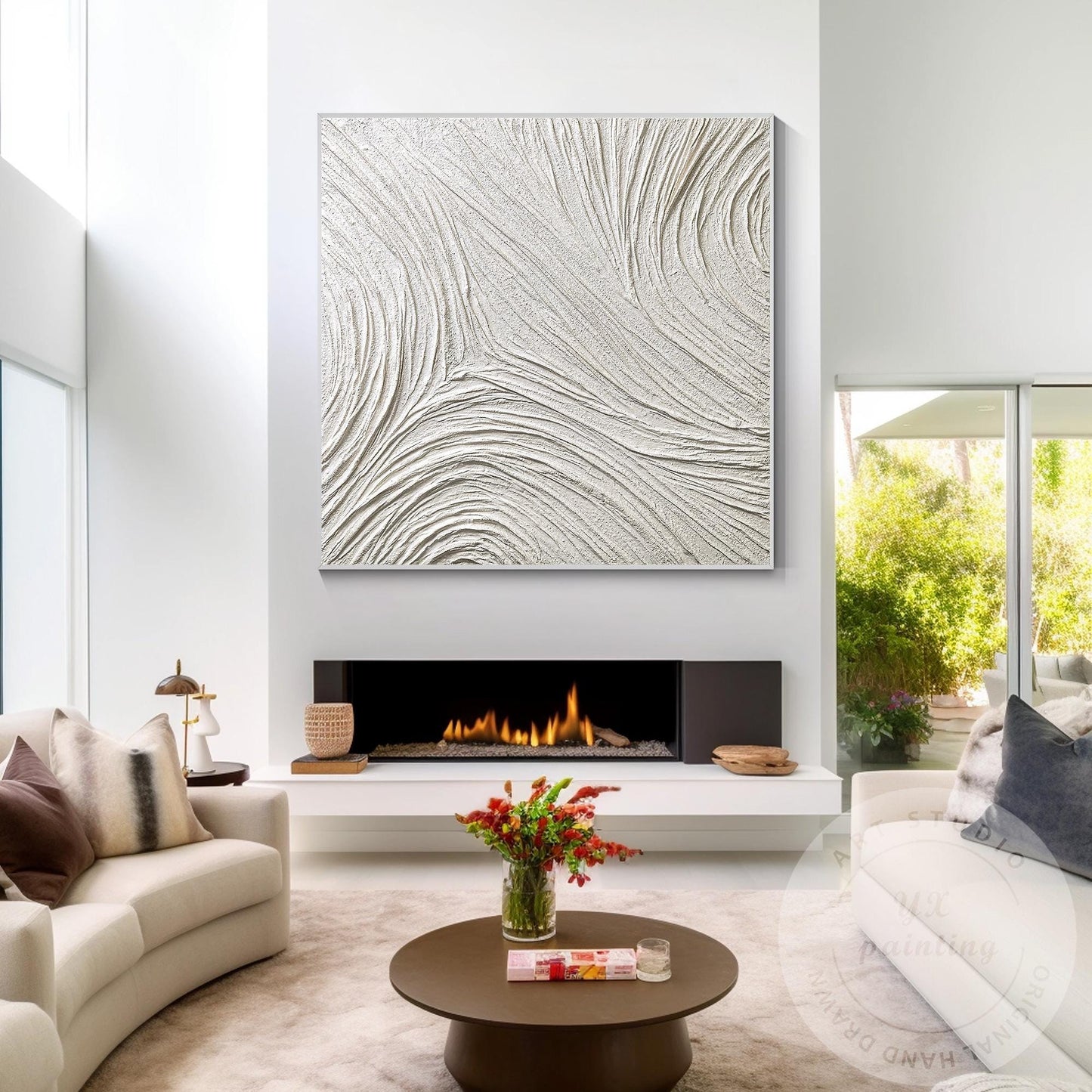 Large White Abstract Plaster Painting, Square 3D Textured Neutral Wall Art, Mode #3