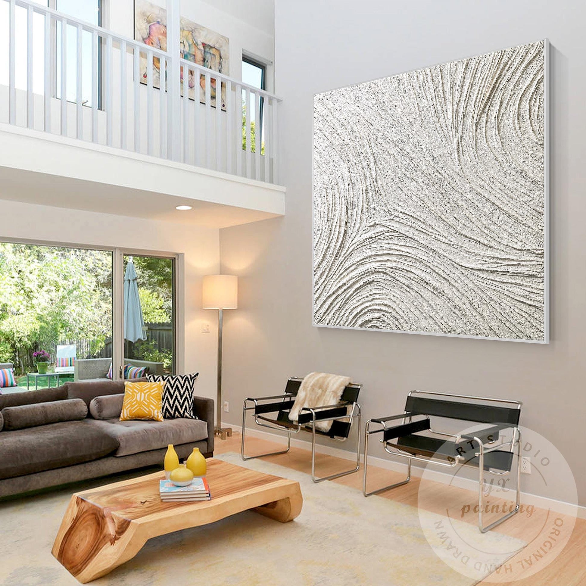 Large White Abstract Plaster Painting, Square 3D Textured Neutral Wall Art, Mode #4
