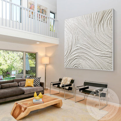 Large White Abstract Plaster Painting, Square 3D Textured Neutral Wall Art, Mode #4