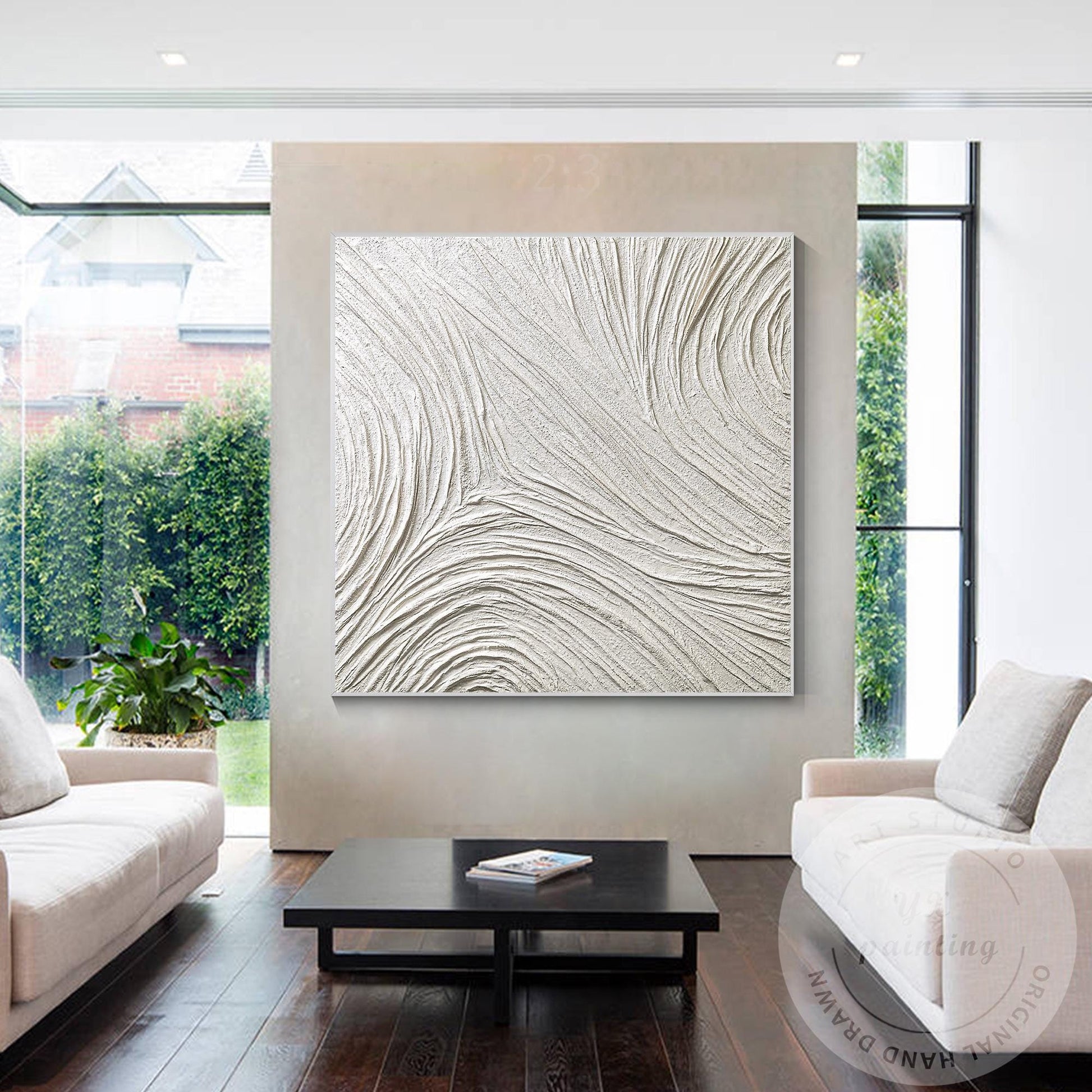 Large White Abstract Plaster Painting, Square 3D Textured Neutral Wall Art, Mode #5