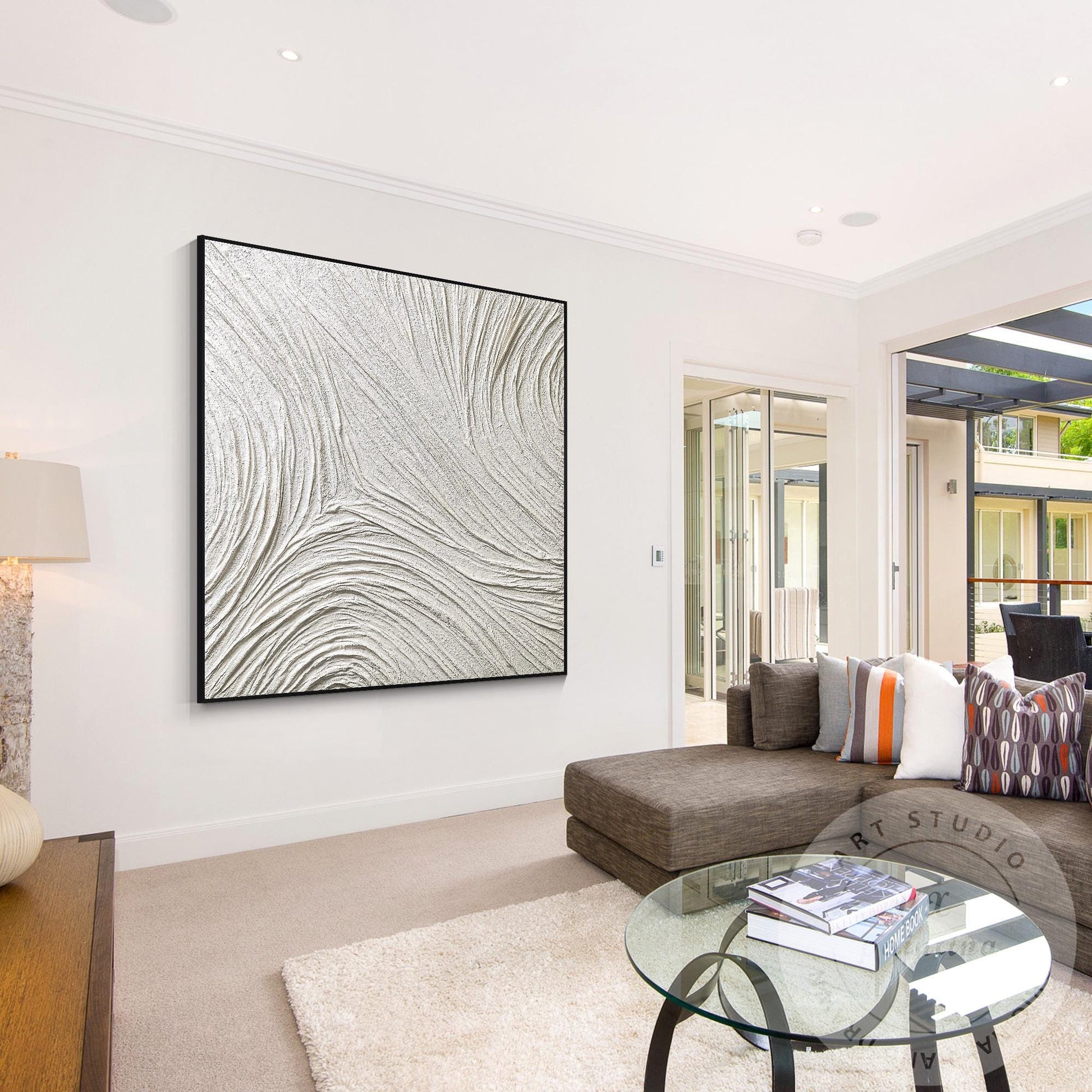 Large White Abstract Plaster Painting, Square 3D Textured Neutral Wall Art, Mode #6