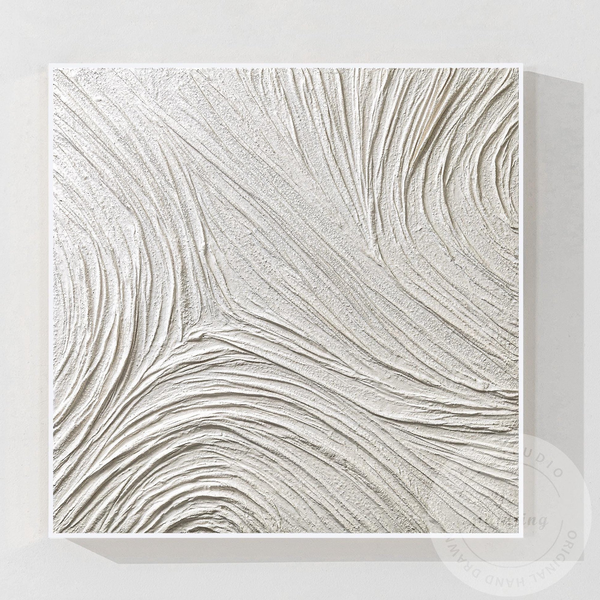 Large White Abstract Plaster Painting, Square 3D Textured Neutral Wall Art, Mode #9