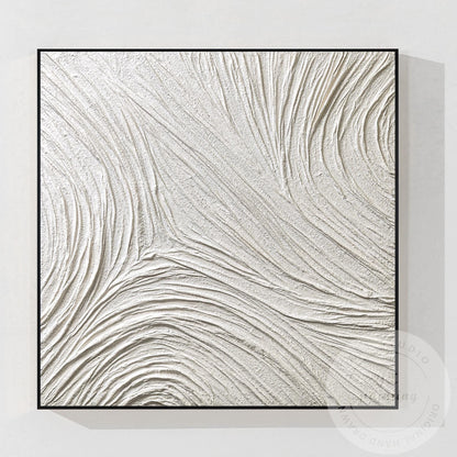 Large White Abstract Plaster Painting, Square 3D Textured Neutral Wall Art, Mode #10