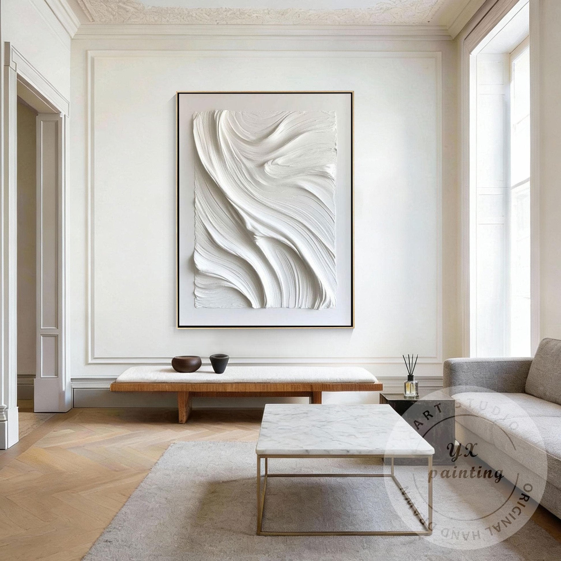 Large White Textured Wall Art, Hand Painted Abstract Plaster Canvas, Modern Mini #2