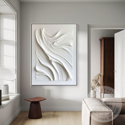 Large White Textured Wall Art, Hand Painted Abstract Plaster Canvas, Modern Mini #5