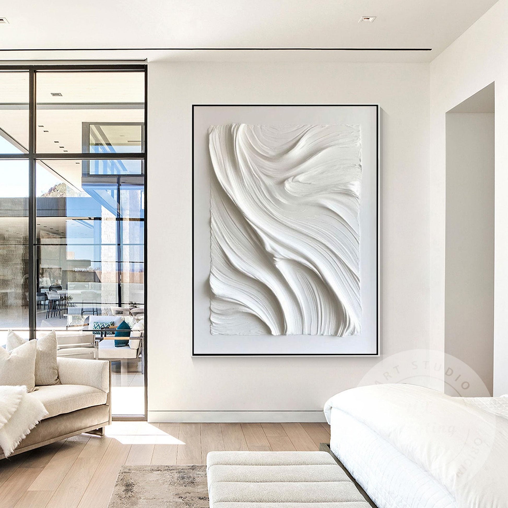 Large White Textured Wall Art, Hand Painted Abstract Plaster Canvas, Modern Mini #1