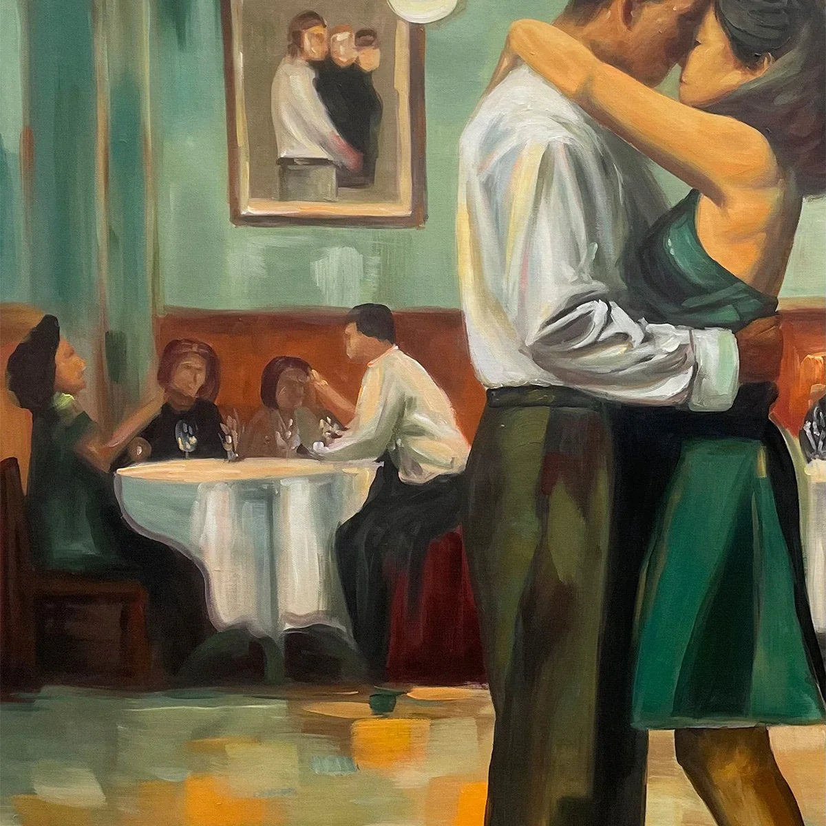 LAST DANCE: Romantic Figurative Oil Painting of Couple Dancing | rectangular format, hand-painted canvas edge