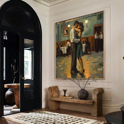 LAST DANCE: Romantic Figurative Oil Painting of Couple Dancing | gold frame stretched on neutral wall