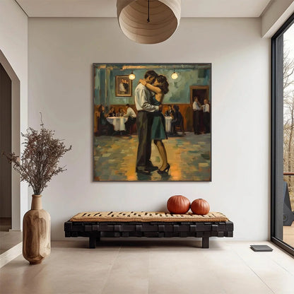LAST DANCE: Romantic Figurative Oil Painting of Couple Dancing | black frame version on white wall