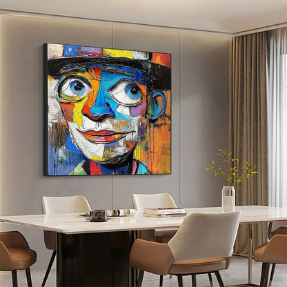 LAUGHING EYES: Textured Impasto Clown Portrait Oil Painting | gold frame stretched on neutral wall