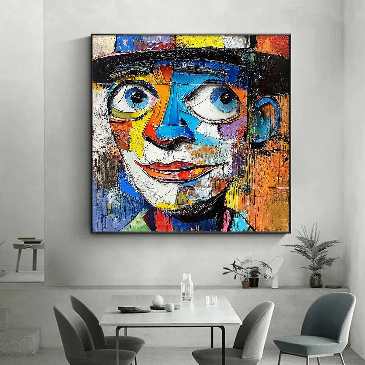 LAUGHING EYES: Textured Impasto Clown Portrait Oil Painting | black frame version on white wall