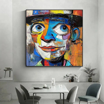 LAUGHING EYES: Textured Impasto Clown Portrait Oil Painting | black frame version on white wall