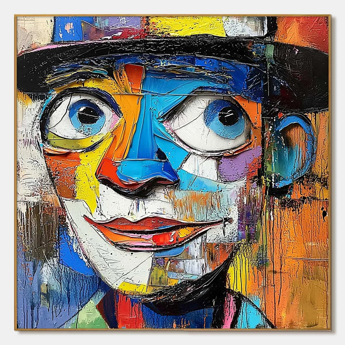 LAUGHING EYES: Textured Impasto Clown Portrait Oil Painting | hanging in living room, Abstract wall art