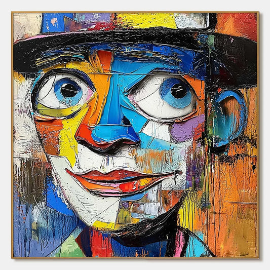 LAUGHING EYES: Textured Impasto Clown Portrait Oil Painting | hanging in living room, Abstract wall art