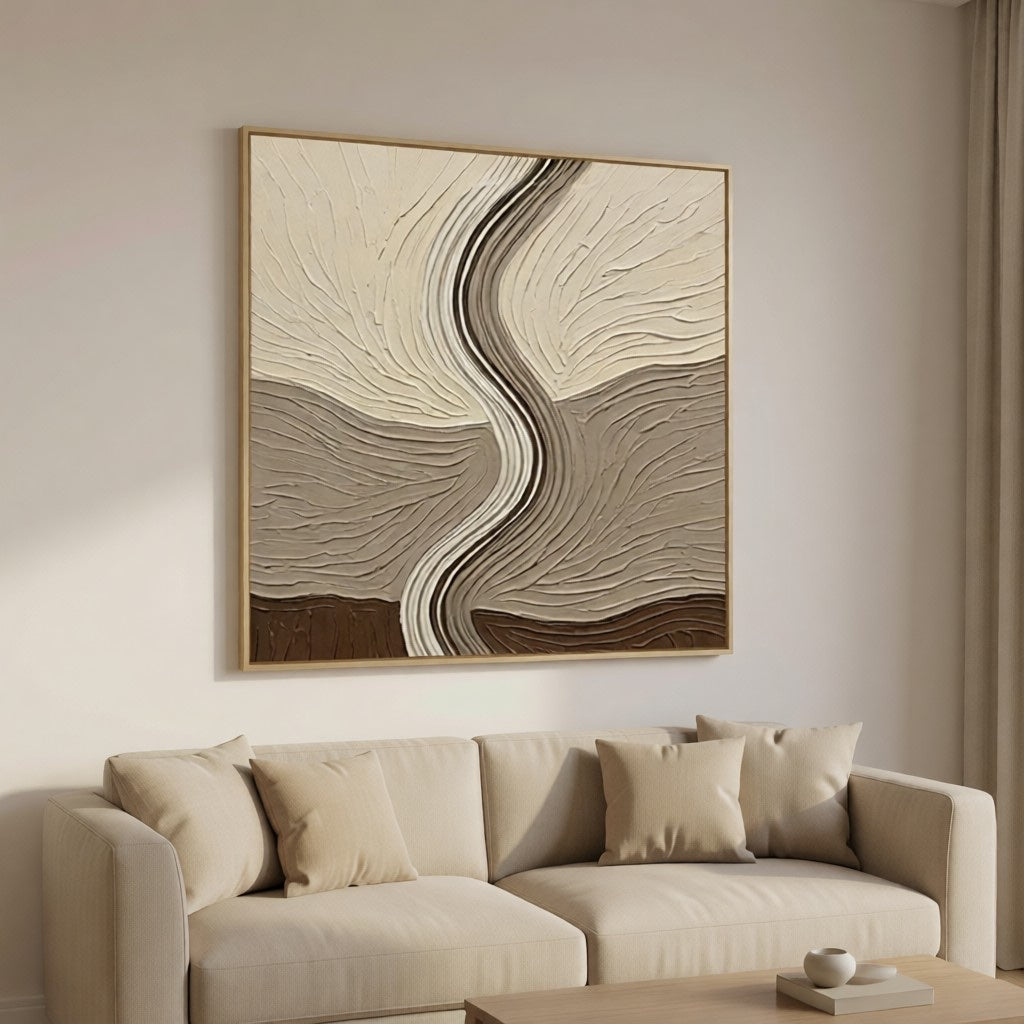 Layered Earth Tone Abstract 3D Textured Wall Art styled in a refined neutral room setting to show wall scale, calm proportion, and interior decor mood.