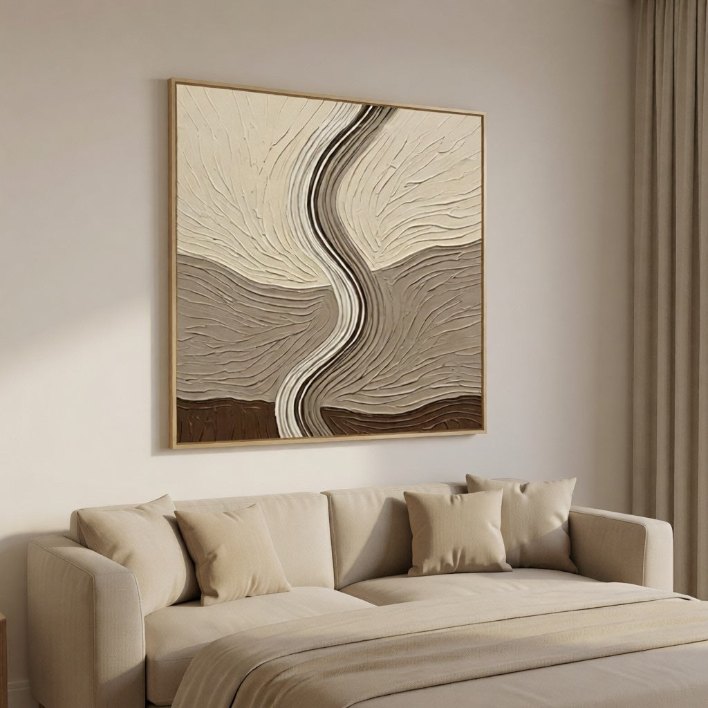 Layered Earth Tone Abstract 3D Textured Wall Art styled in a refined neutral room setting to show wall scale, calm proportion, and interior decor mood.