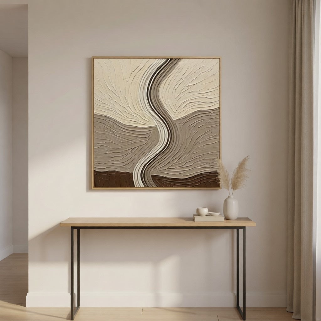 Layered Earth Tone Abstract 3D Textured Wall Art styled in a refined neutral room setting to show wall scale, calm proportion, and interior decor mood.