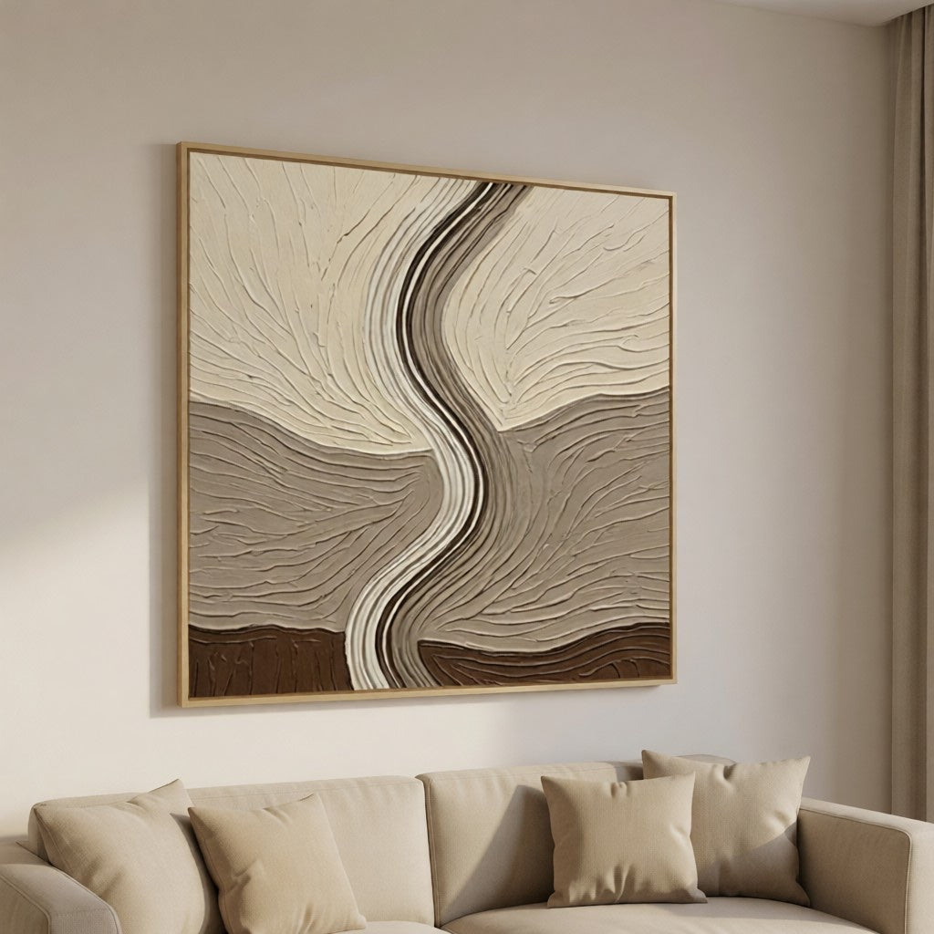 Layered Earth Tone Abstract 3D Textured Wall Art styled in a refined neutral room setting to show wall scale, calm proportion, and interior decor mood.