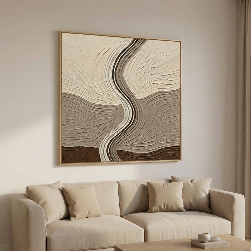 Layered Earth Tone Abstract 3D Textured Wall Art styled in a refined neutral room setting to show wall scale, calm proportion, and interior decor mood.