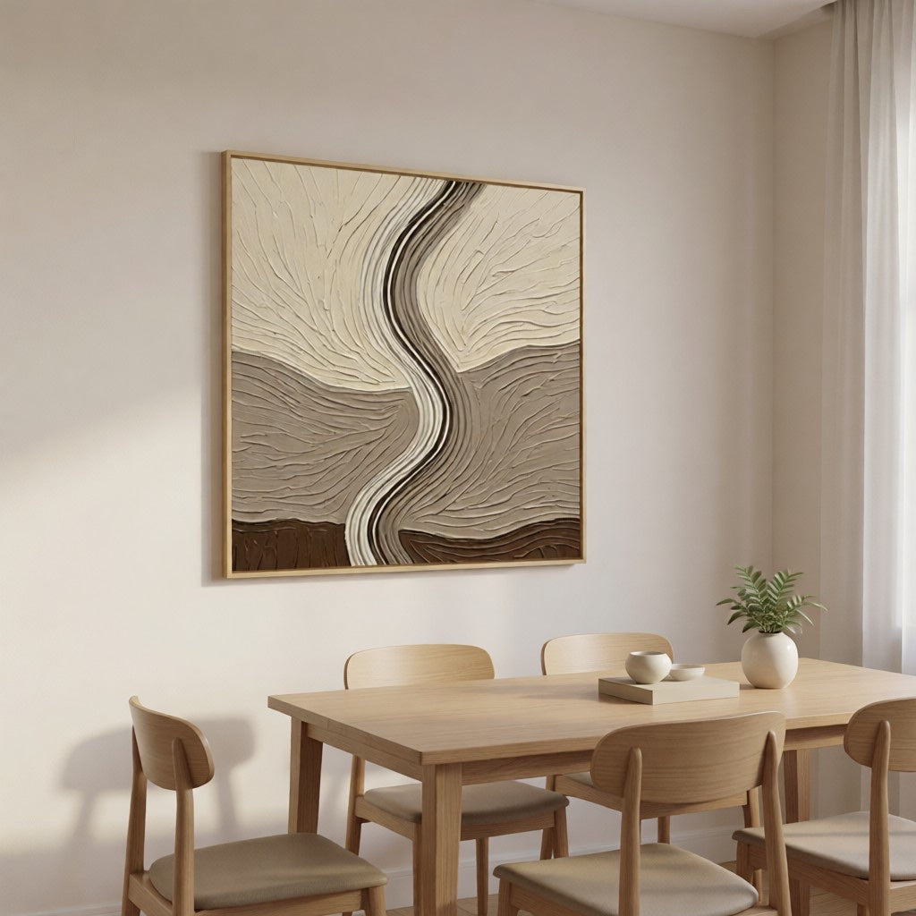 Layered Earth Tone Abstract 3D Textured Wall Art styled in a refined neutral room setting to show wall scale, calm proportion, and interior decor mood.