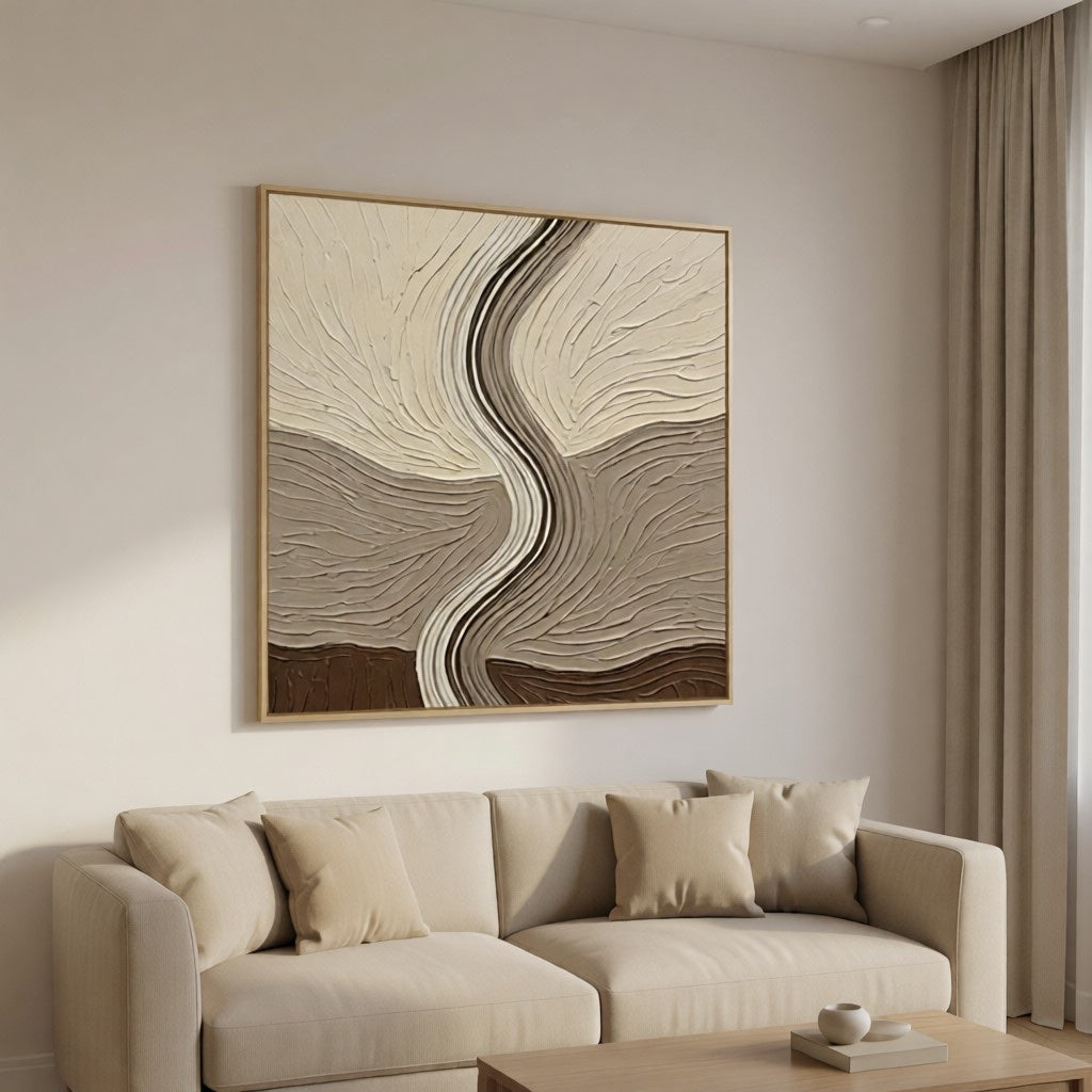 Layered Earth Tone Abstract 3D Textured Wall Art styled in a refined neutral room setting to show wall scale, calm proportion, and interior decor mood.