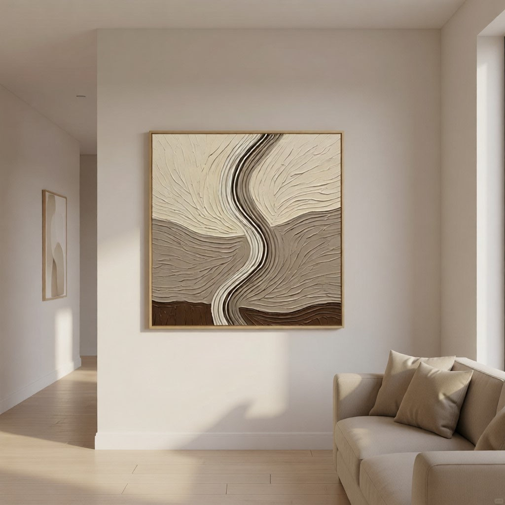 Layered Earth Tone Abstract 3D Textured Wall Art styled in a refined neutral room setting to show wall scale, calm proportion, and interior decor mood.