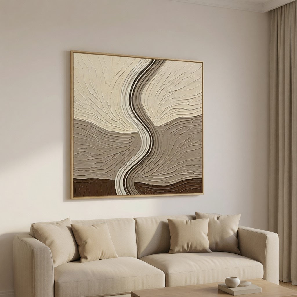 Layered Earth Tone Abstract 3D Textured Wall Art styled in a refined neutral room setting to show wall scale, calm proportion, and interior decor mood.