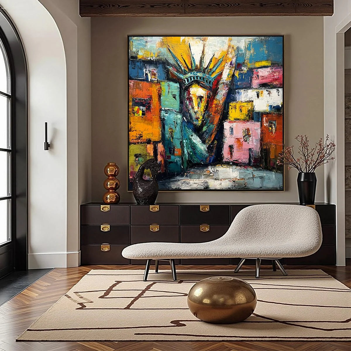 LIBERTY IGNITED: Abstract Textured Painting of an Iconic Landmark | gold frame stretched on neutral wall