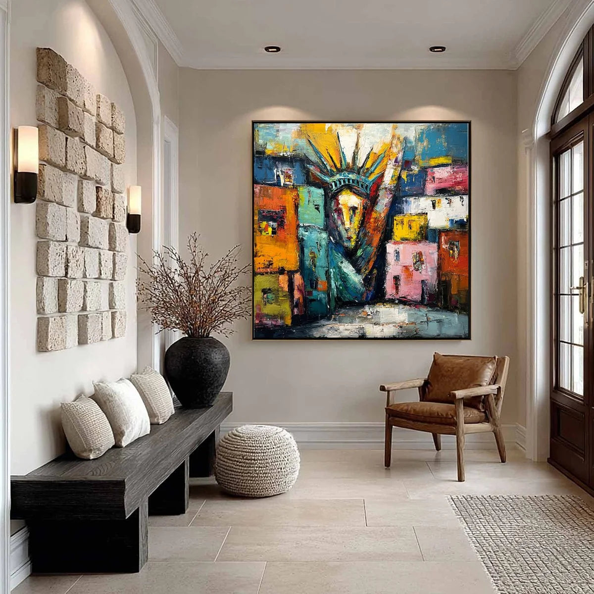 LIBERTY IGNITED: Abstract Textured Painting of an Iconic Landmark | black frame version on white wall