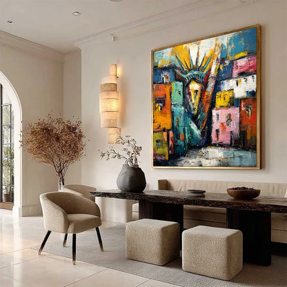 LIBERTY IGNITED: Abstract Textured Painting of an Iconic Landmark | multi-color palette, original oil on stretched canvas art