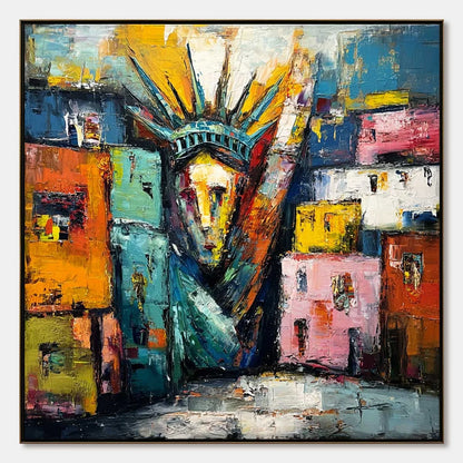 LIBERTY IGNITED: Abstract Textured Painting of an Iconic Landmark | hanging in living room, Abstract wall art