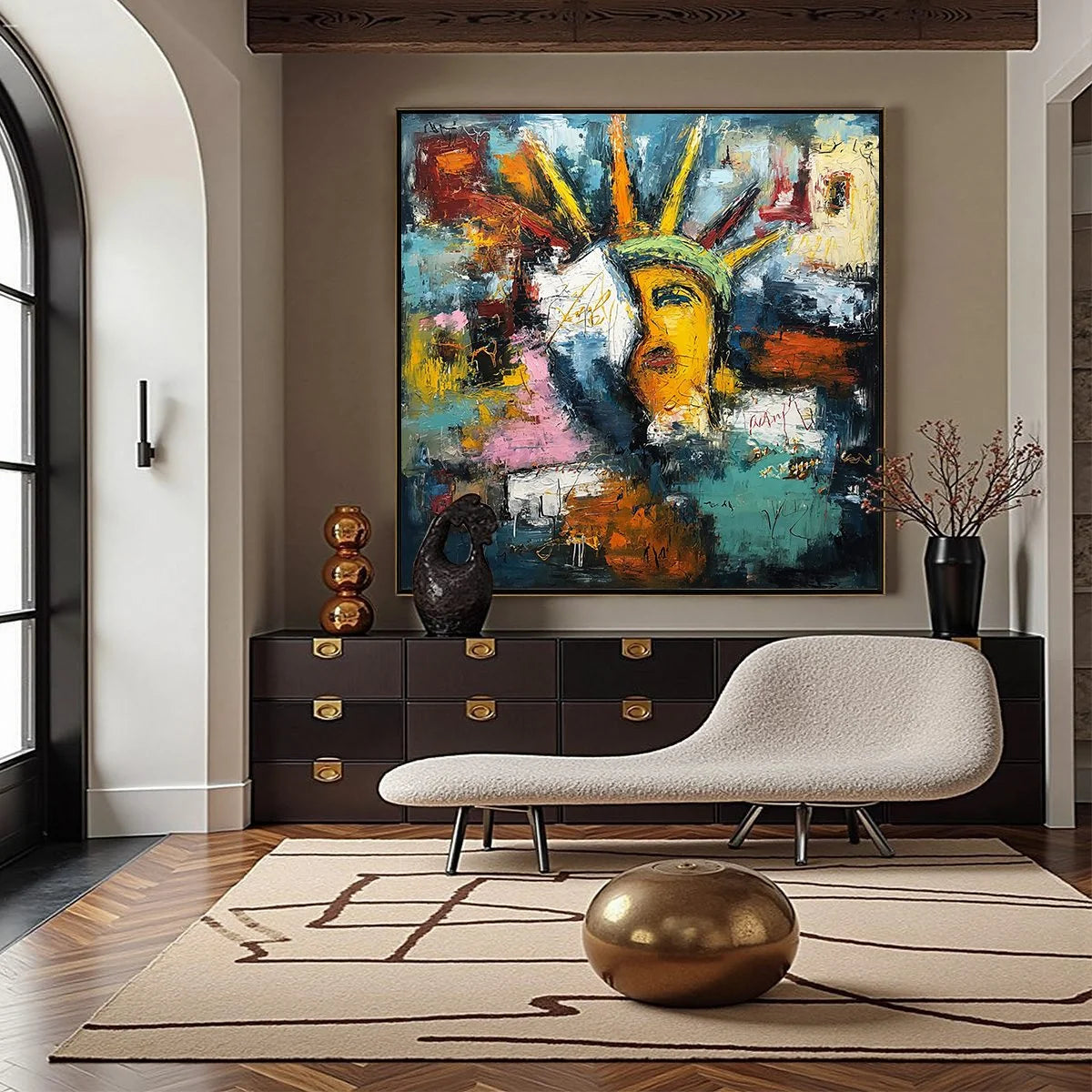 LIBERTY UNLEASHED: Vibrant Abstract Palette Knife Painting of a Modern Icon | gold frame stretched on neutral wall