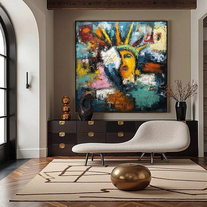 LIBERTY UNLEASHED: Vibrant Abstract Palette Knife Painting of a Modern Icon | gold frame stretched on neutral wall