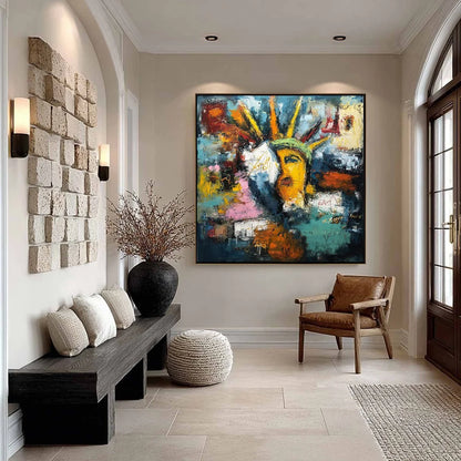LIBERTY UNLEASHED: Vibrant Abstract Palette Knife Painting of a Modern Icon | black frame version on white wall