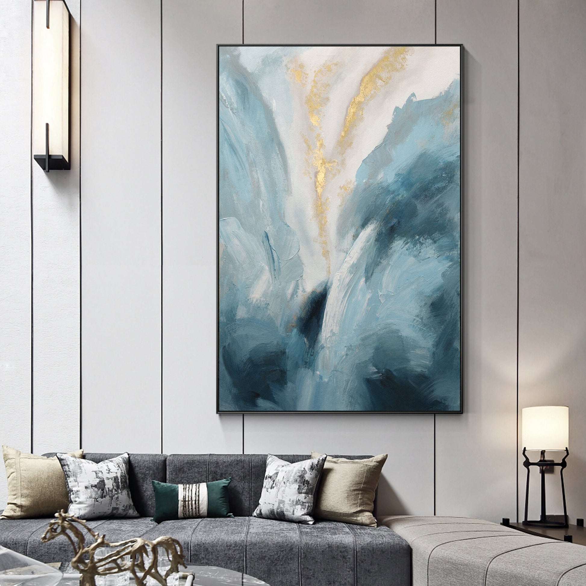 Lichtblauw goud abstract schilderij: getextureerde moderne ingelijste canvaskuns #3