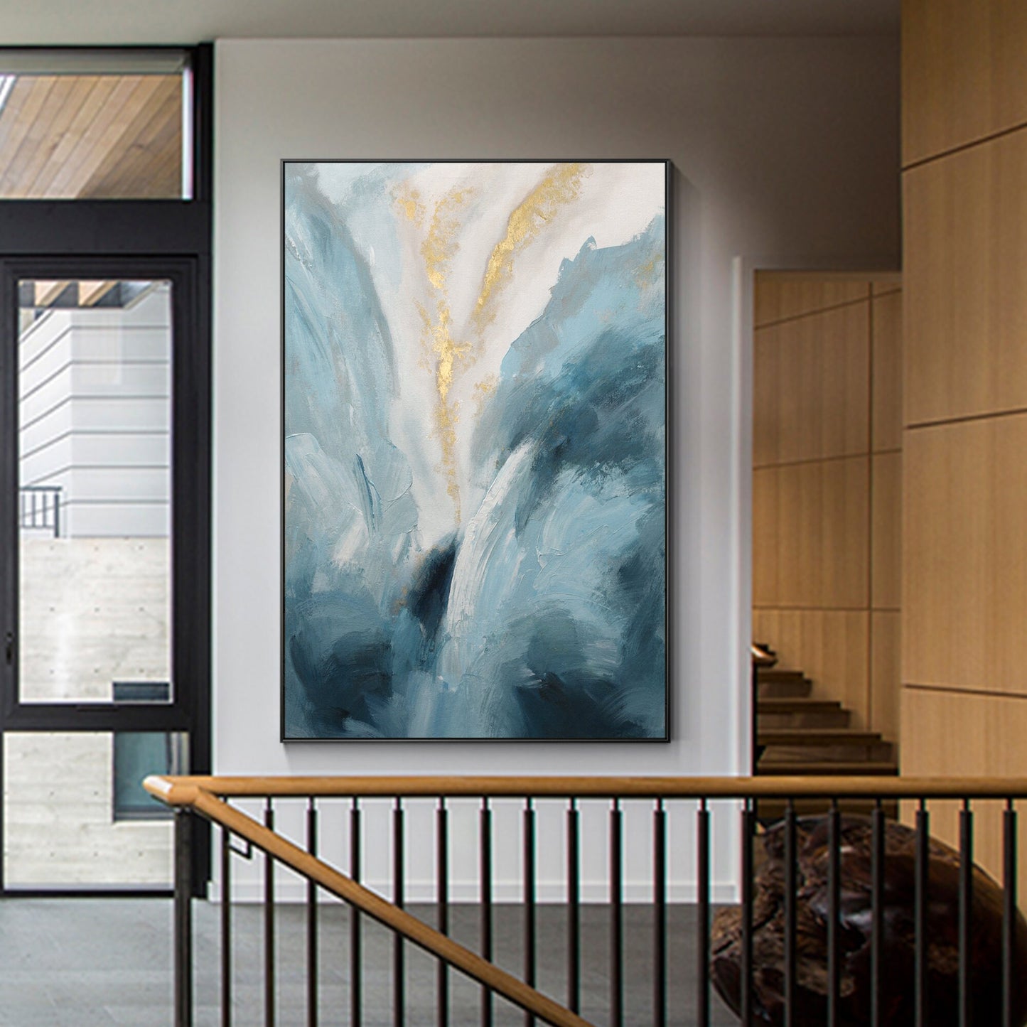 Lichtblauw goud abstract schilderij: getextureerde moderne ingelijste canvaskuns #4