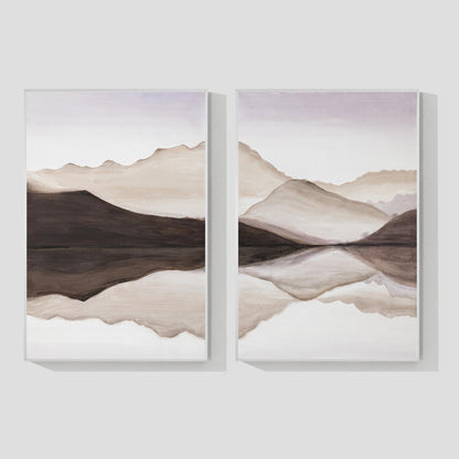 Lienzo con paisaje de montaña en tonos tierra: juego de 2 acuarelas enmarcadas. #20