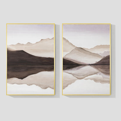 Lienzo con paisaje de montaña en tonos tierra: juego de 2 acuarelas enmarcadas. #9