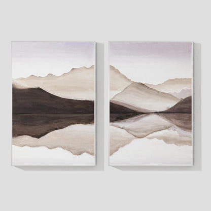 Lienzo con paisaje de montaña en tonos tierra: juego de 2 acuarelas enmarcadas. #10
