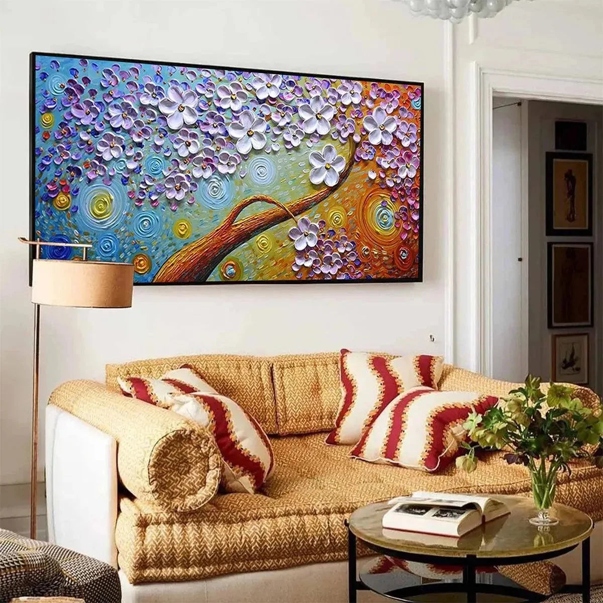 LILAC DREAM: Textured Floral Painting in Purple and Gold | gold frame stretched on neutral wall