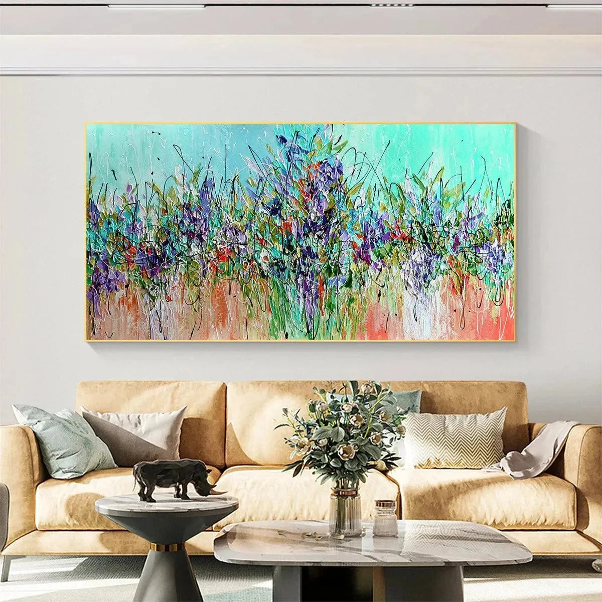LILAC MEADOW: Panoramic Floral Impasto Oil Painting | Abstract closeup, raised brushwork detail