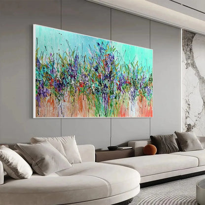 LILAC MEADOW: Panoramic Floral Impasto Oil Painting | gold frame stretched on neutral wall