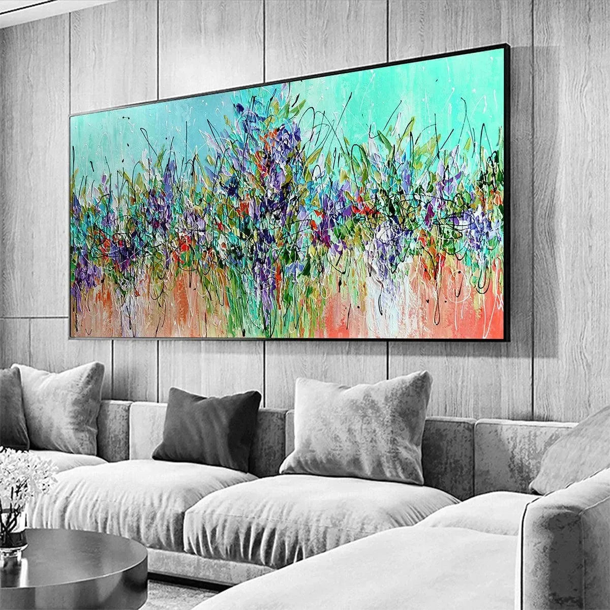 LILAC MEADOW: Panoramic Floral Impasto Oil Painting | black frame version on white wall