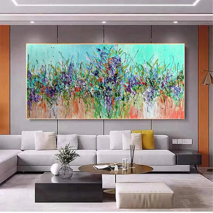 LILAC MEADOW: Panoramic Floral Impasto Oil Painting | Abstract mood, soft natural light studio shot